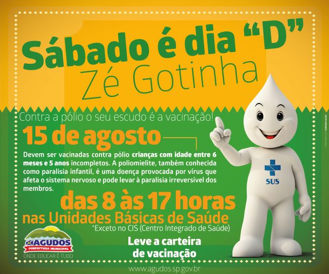 Campanha de vacinação contra a Poliomelite é neste sábado